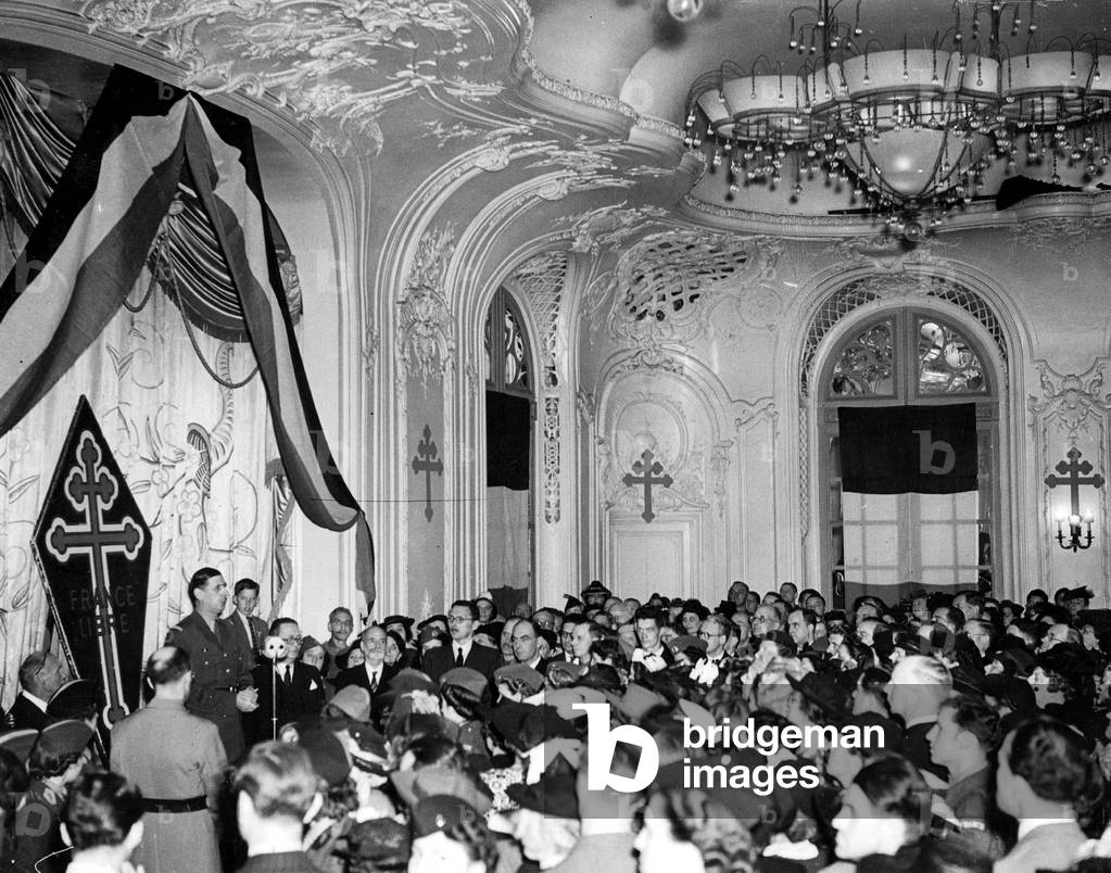 General Charles de Gaulle making a speech during a party given for French expatriate in Savoy Hotel in London to celebrate Bastille day on jully 14, 1942