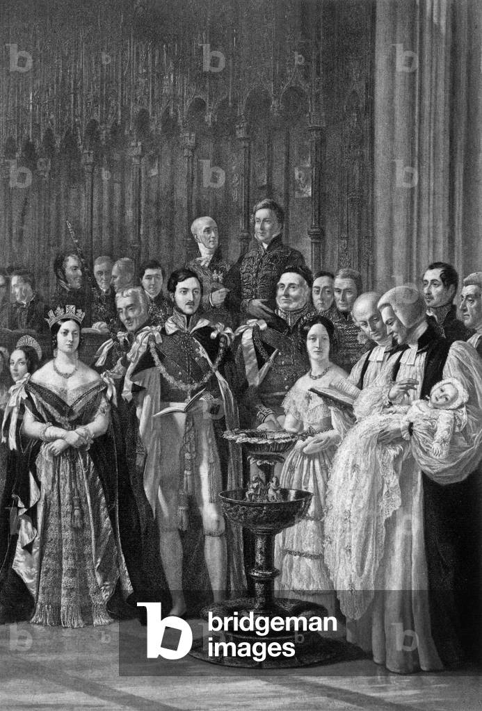 christening of prince of Wales, future Edward VII, in presence of his mother queen Victoria of England and prince consort Albert, in Saint-George chapel in Windsor, january 25, 1842, engraving by Hayster