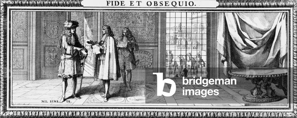 King of France Louis XIV (1638-1715, king from 1643 to 1715) with his ministers Jean-Baptiste Colbert and Francois Louvois, engraving by Leclerc