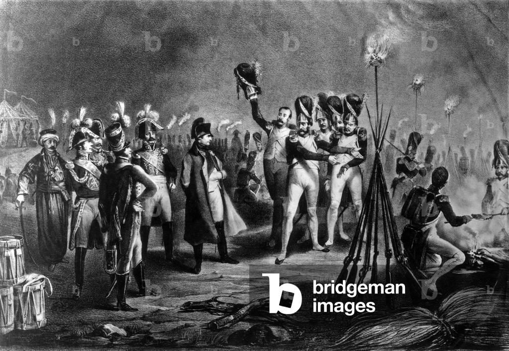 The day before Austerlitz battle, French emperor Napoleon 1st go all over bivouacs of his army, december 1st, 1805, engraving by Carriere