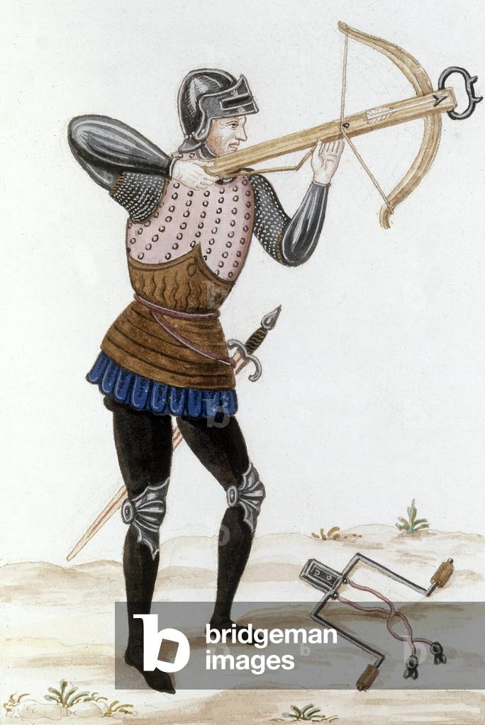 Crossbowman with crossbow at siege of Aubenton in 1340, illustration by Gaignieres after Les Chroniques de Froissart