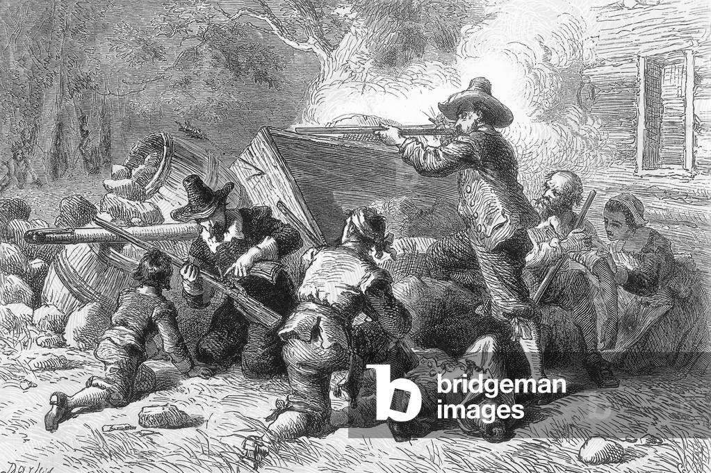 Virginians defending themselves against indians 17th century Viriginia estate, engraving