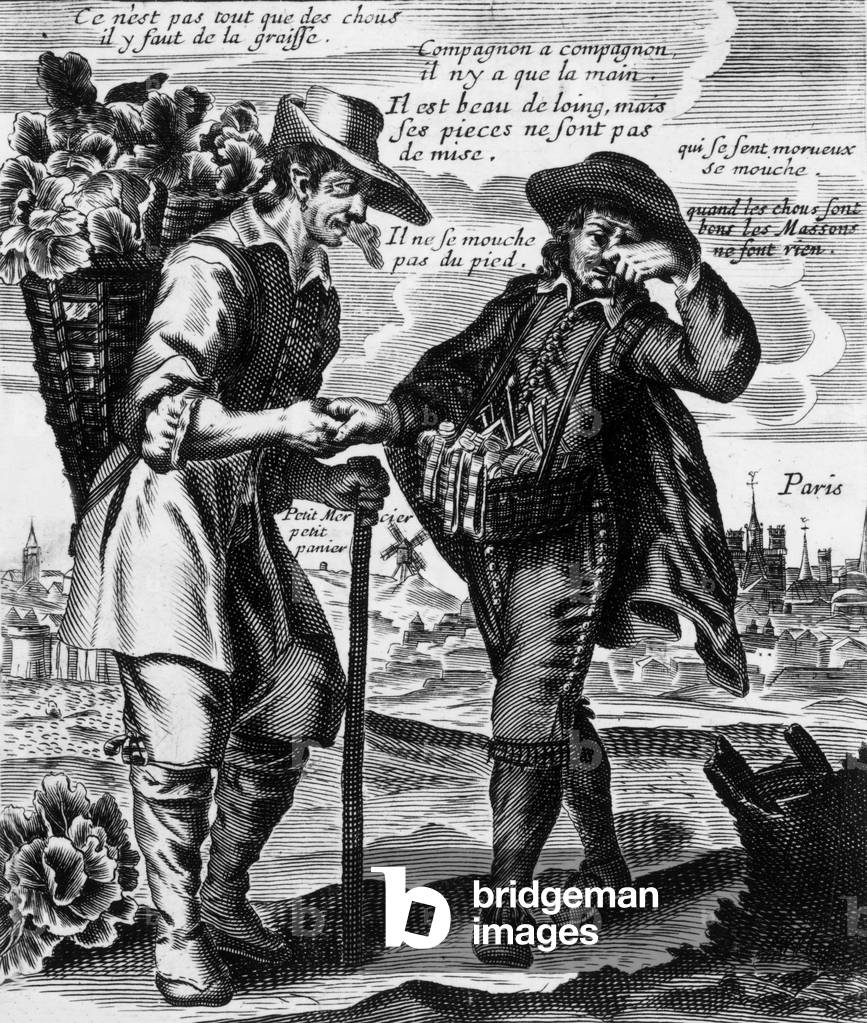 A cabbage trader is meeting a haberdasher, France, 17th century, engraving by Jacques Lagniet, 1657-1663
