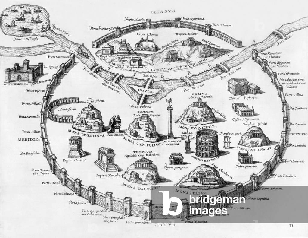 Reconstitution of monuments of ancient Rome ordered by pope Leo X to Raphael and made in 1527 after Raphael's death by Marco Fabio Calva, engraving, 16th century