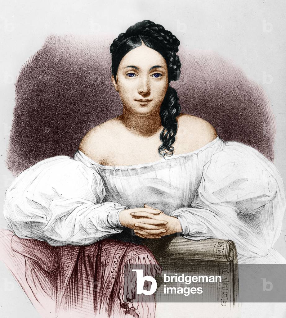 Actress Juliette Drouet (1806-1883) was the mistress of Victor Hugo as soon as 1833 and until 1883, here in 1832, engraving by LeonNoel colourized document