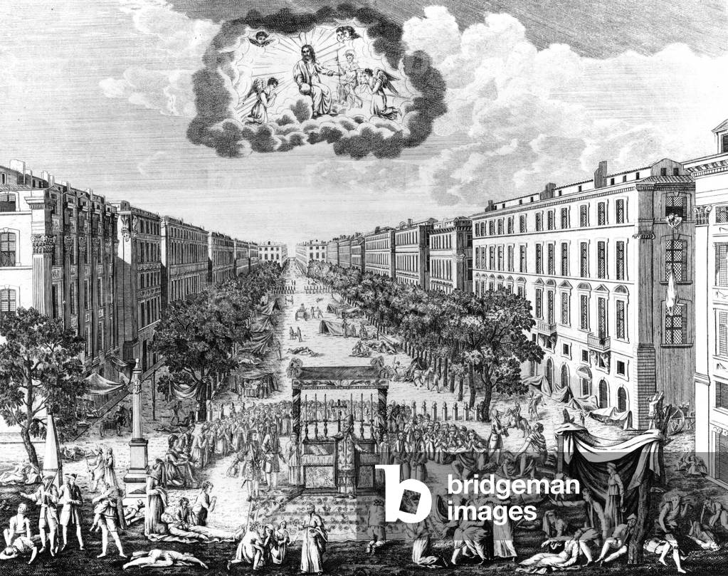 View of the Belzance yard in Marseille, France : people evacuating the dead bodies from the street , drawn at the time of the Plague in 1720, engraving