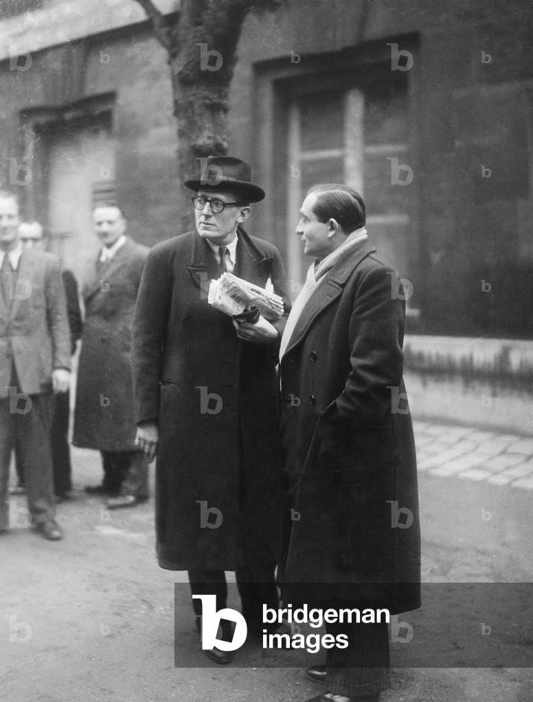 French politician Maurice Schumann and Pierre Mendes-France after ministers council during First provisional Government in Paris 1945