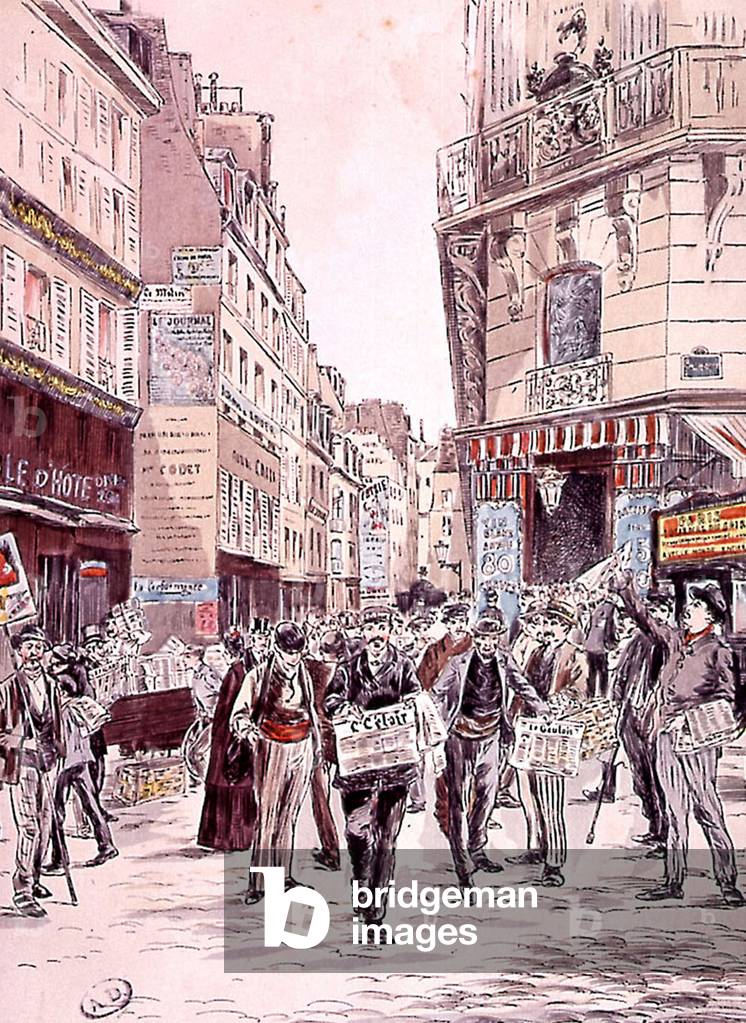 newsvendors in streets of Paris in 1893, engraving