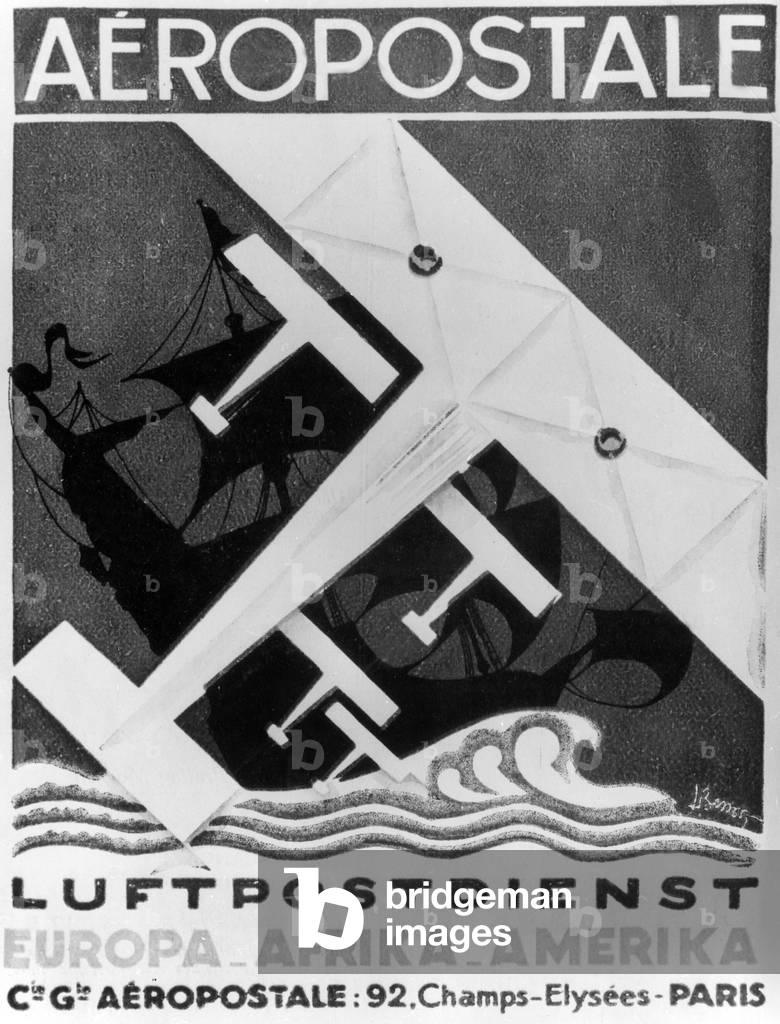 Advert poster for links in destination to south America by the Aeropostale (founded in 1913) 30'sAffiche publicitaire pour les liaisons vers l'Amerique du Sud de l'Aeropostale (compagnie francaise de transports aeriens fondee en 1913 par Pierre Latecoere et visant le transport du courrier) annees 30