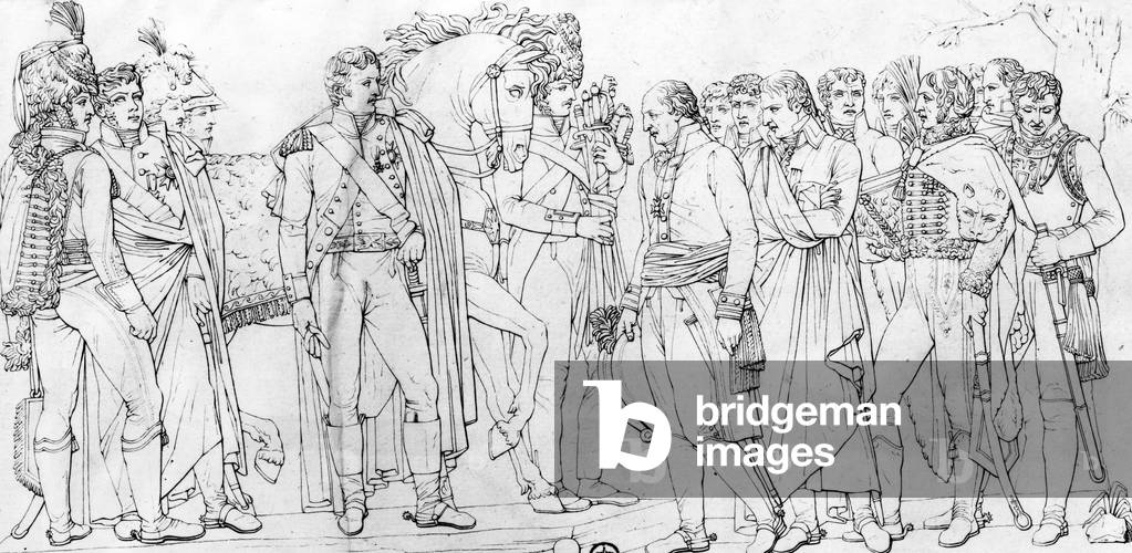 Surrender in front of Ulm on october 20, 1805 , detail from the low relief of the triumphal arch of the Tuileries palace in 1807-1809 representing the emperor Napoleon 1st with his guard receiving the capitulation of the austrian general Mack, engraving by P. Lacour after drawing by Vauthier , 19th century