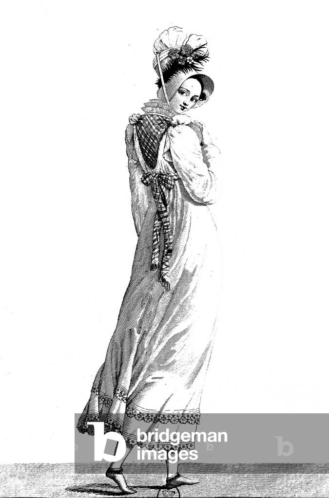 women's fashion in France , at the time of the Directoire late 18th century , engraving