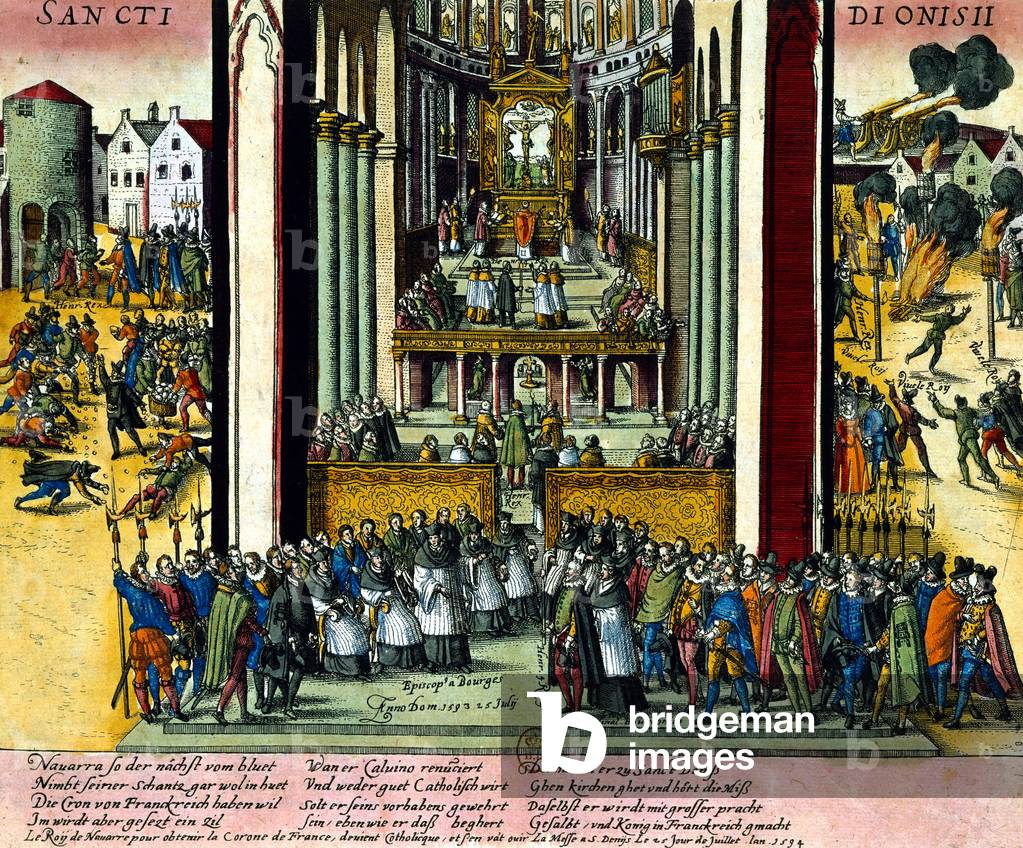 On july 25, 1593, French king Henri IV becoming a convert to catholicism in presence of archbishop of Bourges, engraving