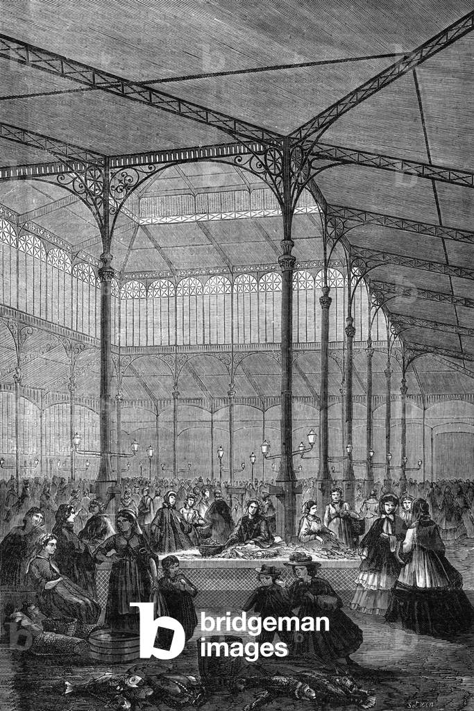 The Haussmann Renovations in Paris : covered market (by Victor Baltard), c. 1870, engraving