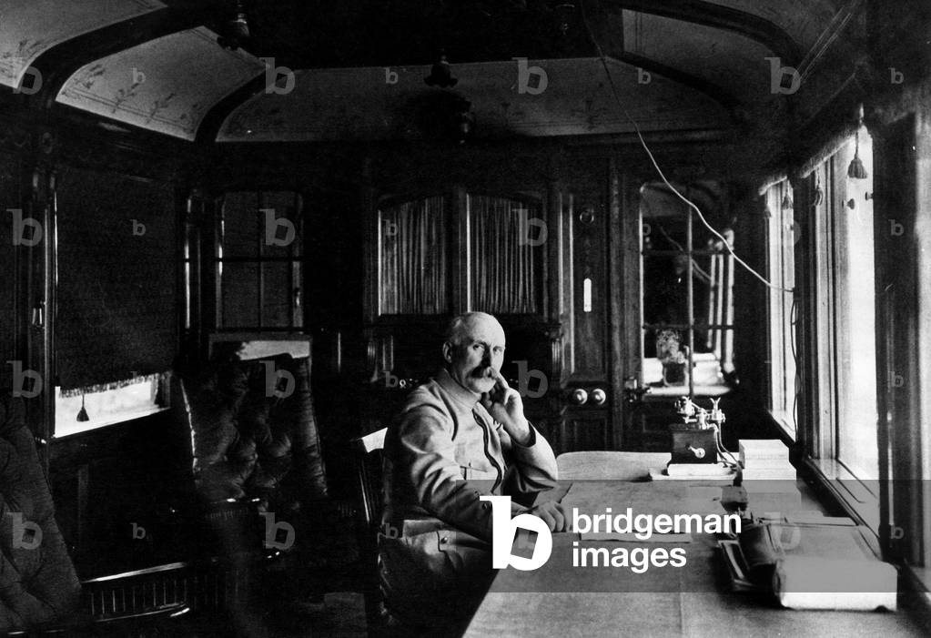 The General Philippe Petain in the wagon where he lives near the front of the Ardennes in 1915