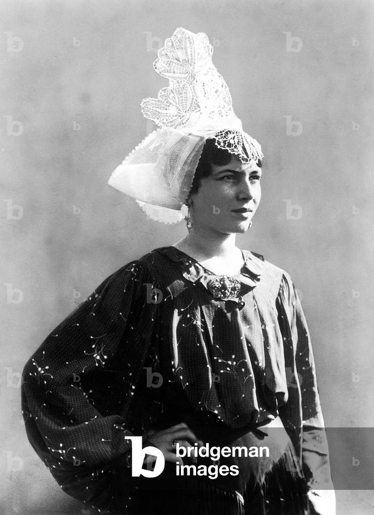 Woman from Sables d'Olonnes Vendee Area (west of France) wearing the traditional gear, c. 1900