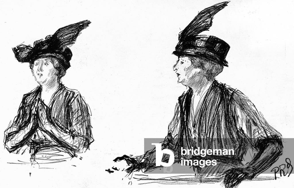 Caillaux affair (murder by Henriette Caillaux of Gaston Calmette, director of Figaro, who led a press campaign against minister Joseph Caillaux) : gesture and attitude of Mrs Caillaux during her trial in 1914, drawings by Paul Renouard