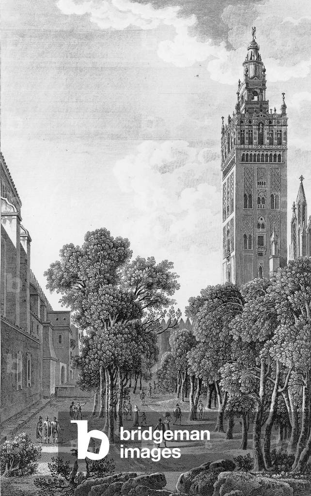 Giralda tower of the cathedral in Sevilla, Spain, engraving, 19th century