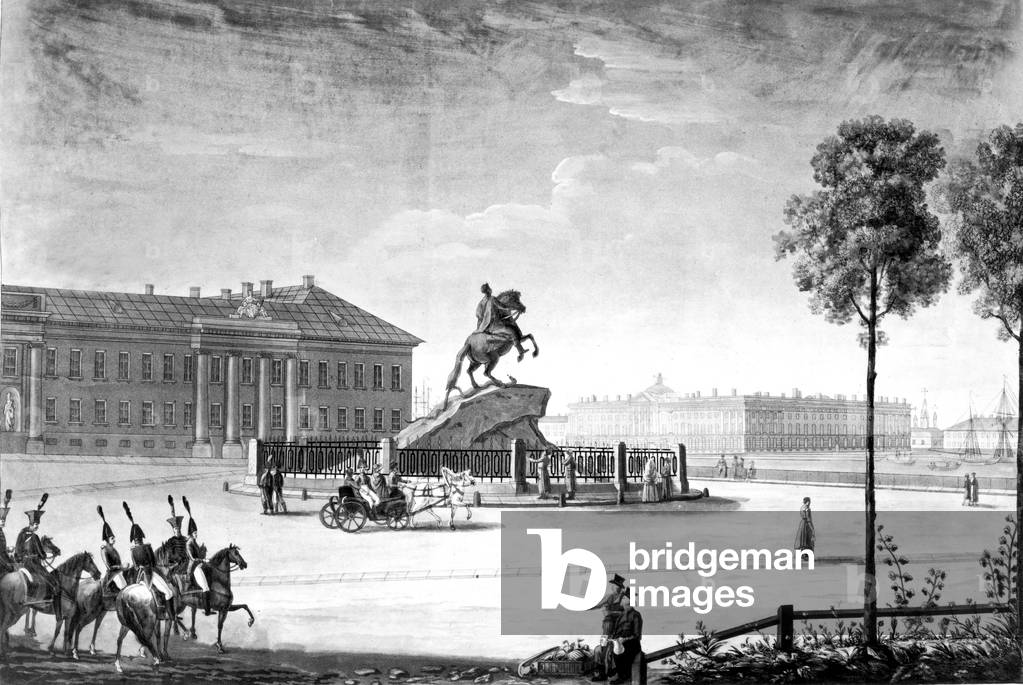 View of the square Peter the Great and the senate in Saint Petersburg in Russia, and in the background the Arts Academy, c. 1810