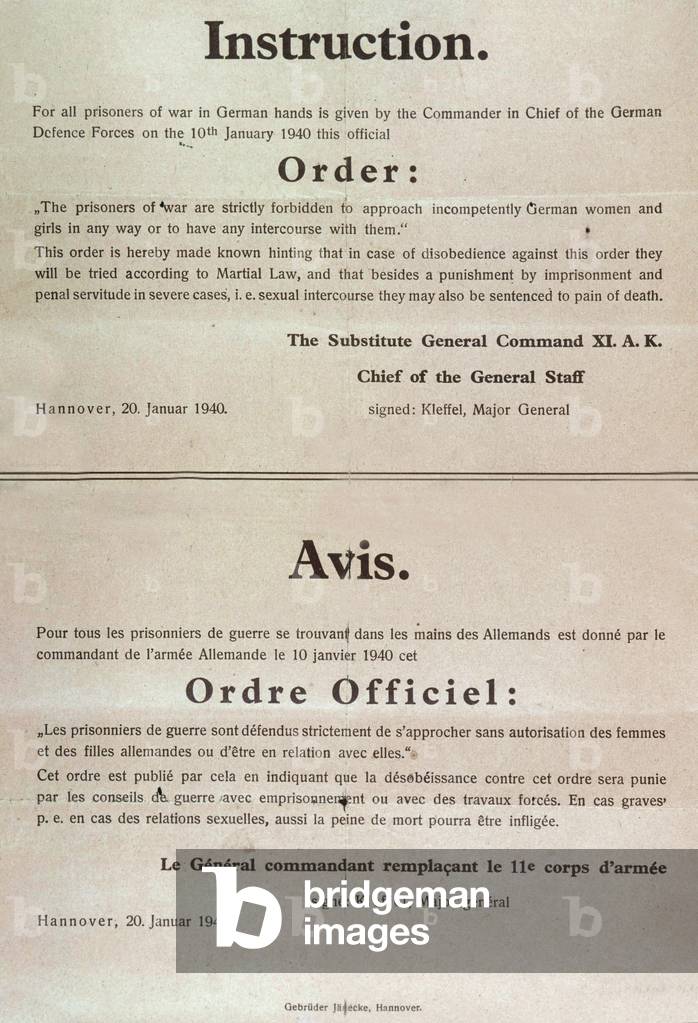 Poster : it's forbidden for prisoners of Stalag to go up to german women, order by major general Philipp Kleffel, Hannover, january 20, 1940