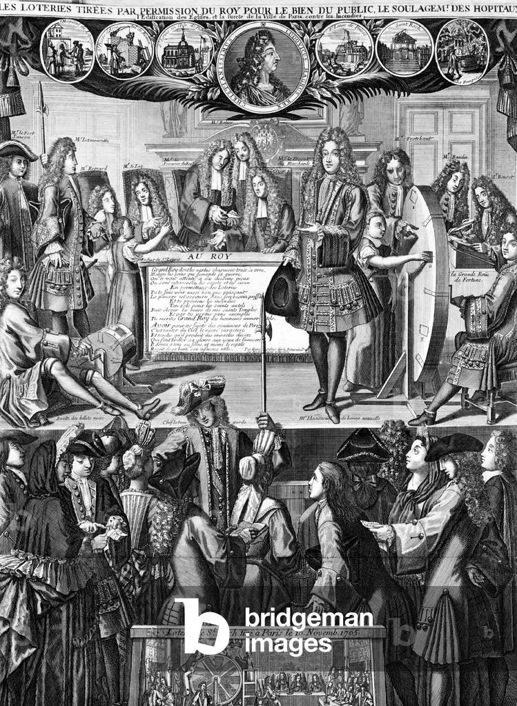 Lottery draw authorized by king LouisXIV for the public good and the hospitals c.1705, gravure