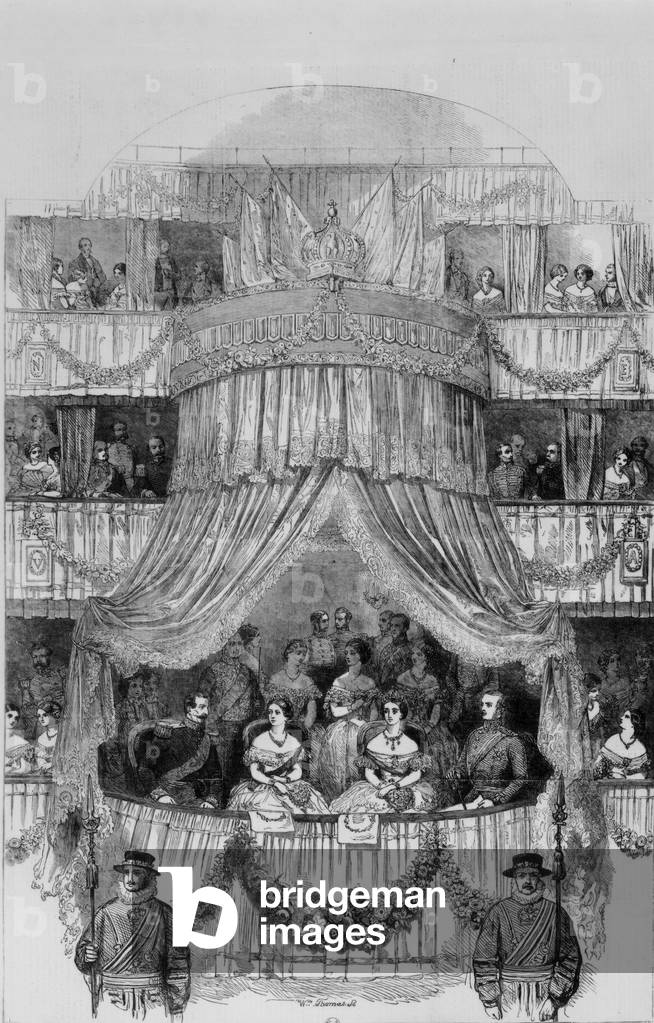 Travel of the emperor Napoleon III and the empress Eugenia i London in april 1855 : the royal box at the royal italian Opera, L-R : Napoleon III, queen Victoria, empress Eugenia and prince Albert, engraving 19th century