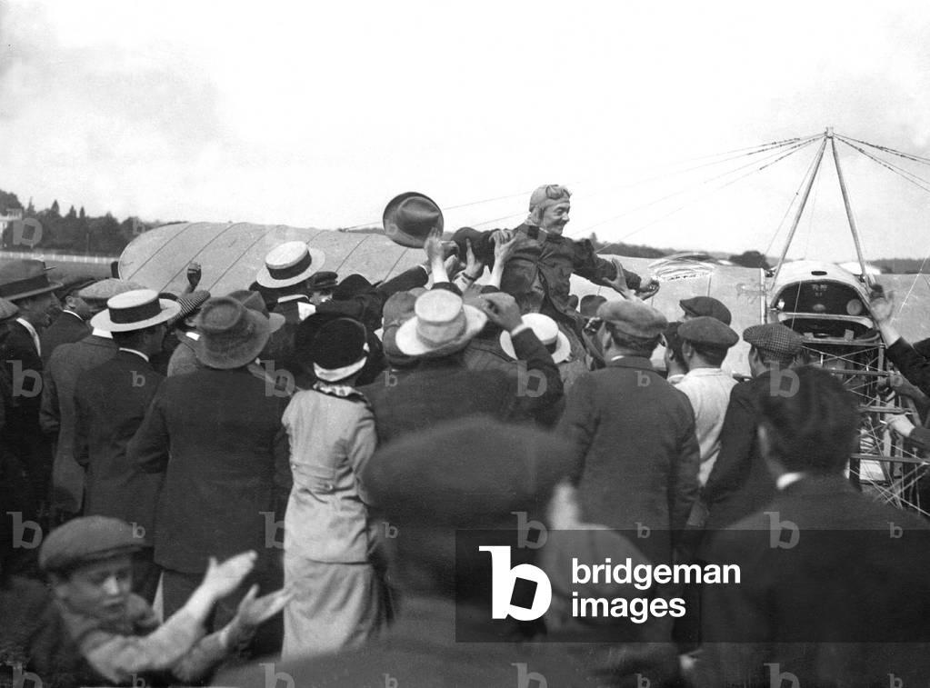 Ace aerobatics French pilot Adolphe Pegoud (1888-1915) at Buc airfield (France) after doing the 1st looping with a Bleriot monoplane on august 31, 1913