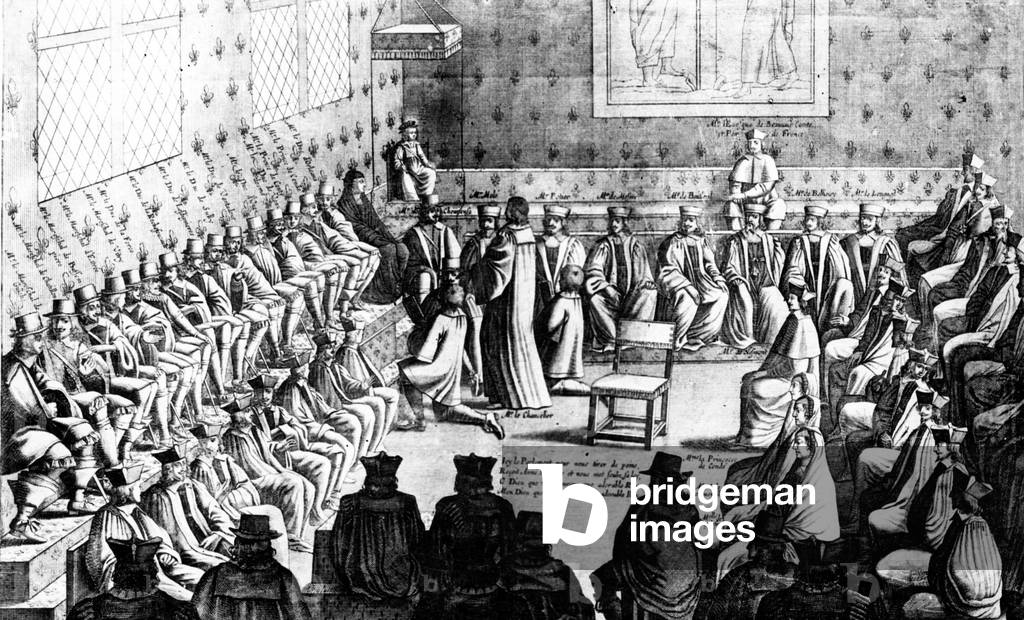 the French parliament : l-r marshal of Guiche, marshal of Chatillon, marshal of Estree, marshal of Vitry, duke of la Rochefoucault, duke of Sully , duke of Vontadour, ... prince of Conty, prince of Conde, duke of Orleans, engraving by Abraham Bosse 17th century
