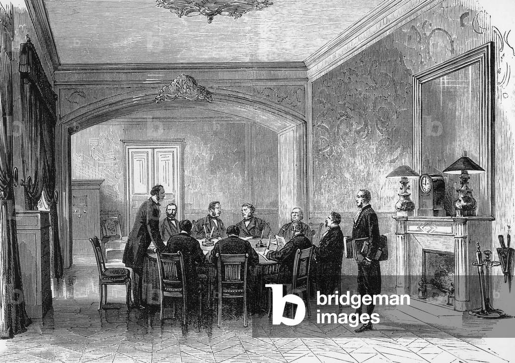 Legislative body of the committee of law of the press during session in 1867 in Paris, engraving
