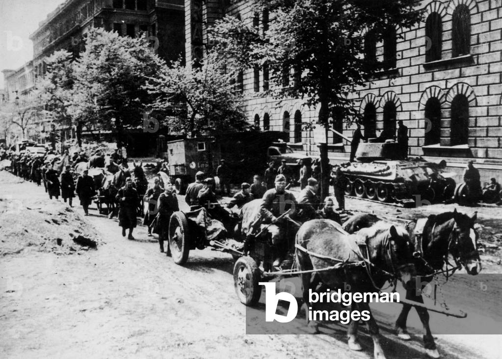 Red Army occupying Berlin after the battle of Berlin (april 16 - may 2, 1945) : horse-drawn russian artillery and supplies in Berlin street
