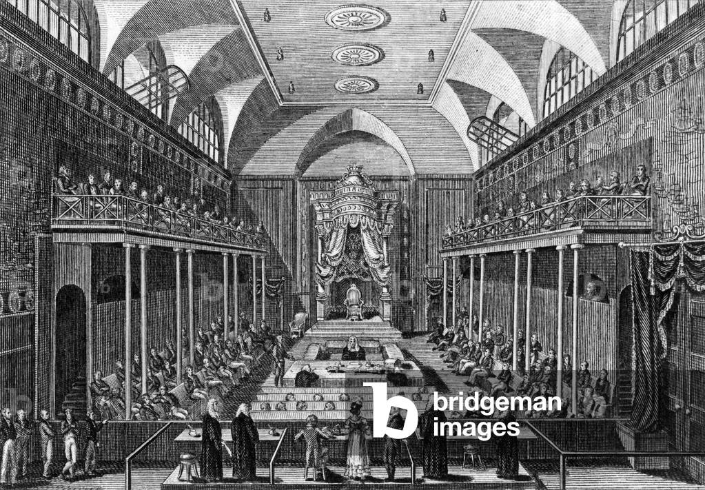 House of Lords in London for trial of queen Caroline of Brunswick in 1821, engraving