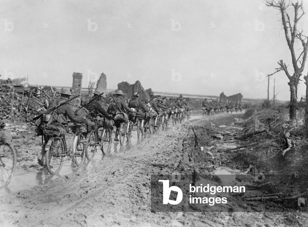 English soldiers scouts cyclists on the front of the Somme watching retreat of Germans during Somme battle in 1916