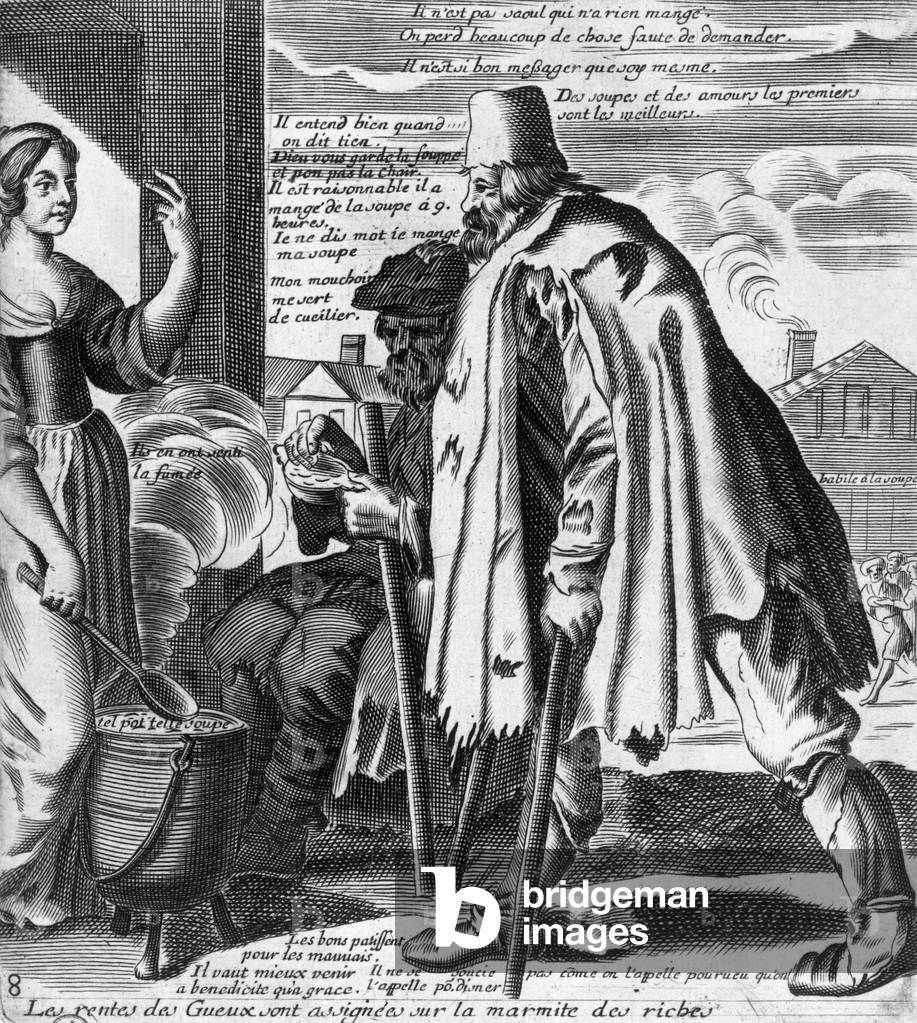 Poor men dresse with rags coming to eat soup, France, engraving by Jacques Lagniet (1657 - 1663)