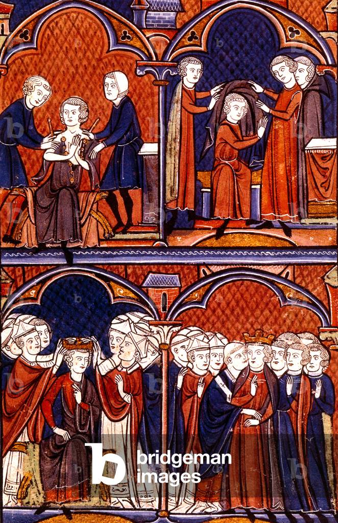 dressing and coronation of a French king , French 13th century manuscript