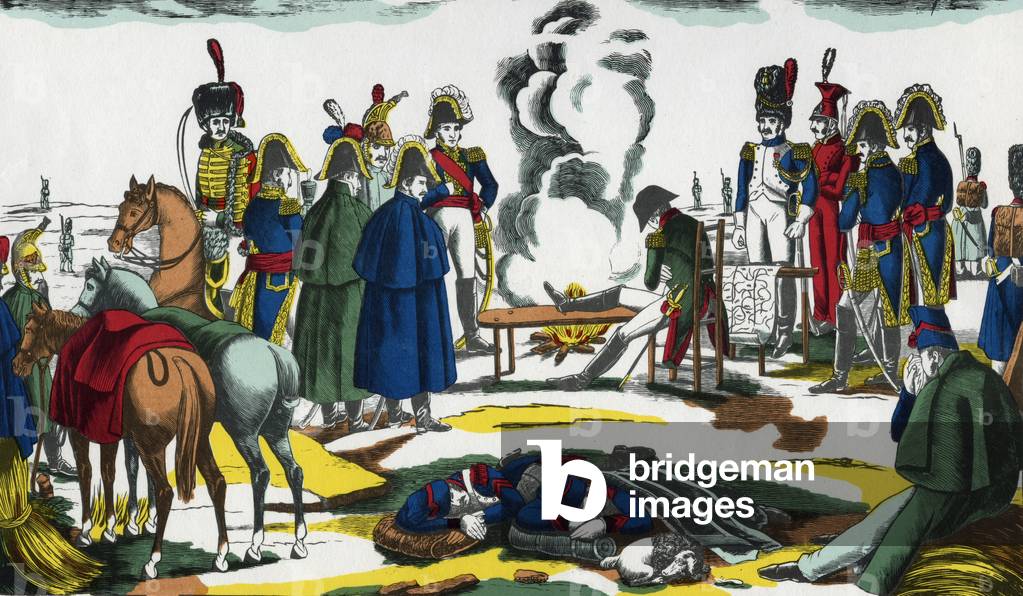 On december 1st, 1805, the day before Austerlitz battle, French emperor Napoleon 1st is sleeping because he's confident about victory, French engraving