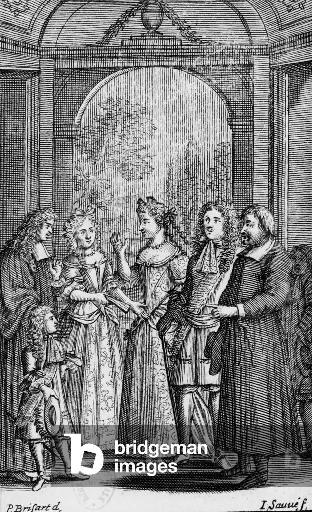 Play The Countess of Escarbagnas by Moliere, engraving for a 1682 edition
