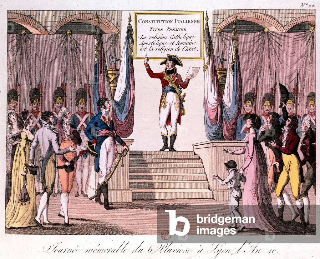 On january 26, 1802 in Lyon (France) : Cisalpine republic declared that catholicism is state religion, engraving