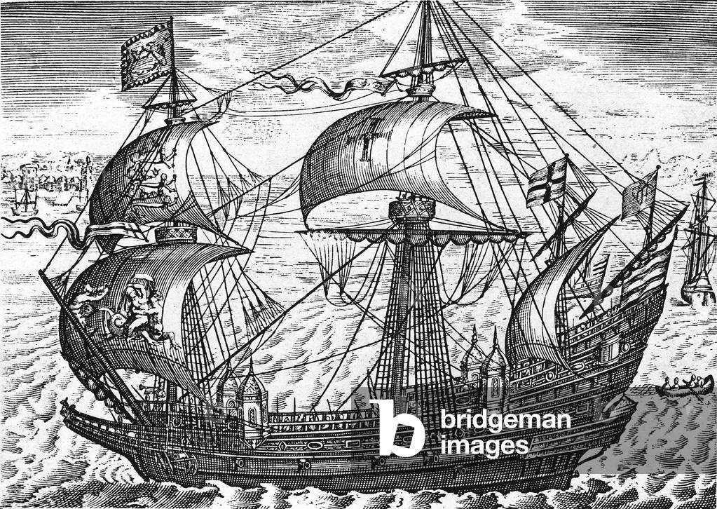 A ship of the Royal Navy at XVIth century, engraving