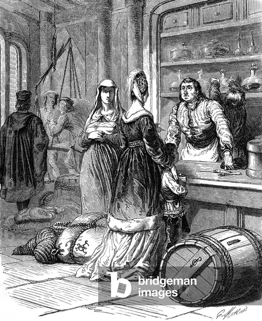 Shop in the 15th century, engraving (19thcentury)