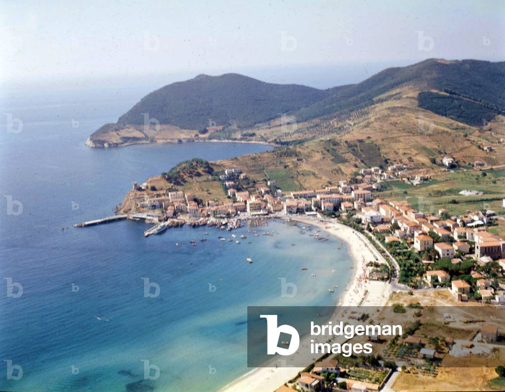 Aerian View of Marina di Campo seaside resort on Elbe island (Mediterranean Sea)