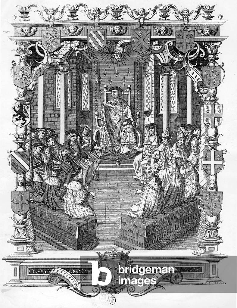 Charles of Bourbon , supreme commander of the French armies here during the trial that took place to solve the inheritance troubles that follwed his wife Suzanne's death 1522-1525, engraving