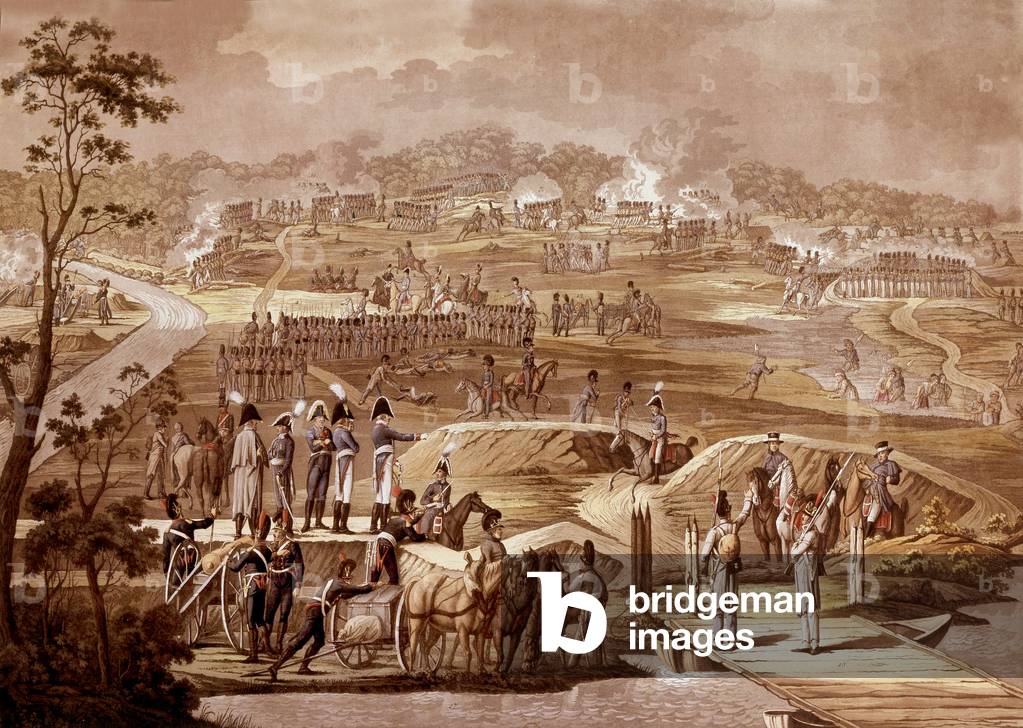 Poplawi battle won by Bavarians in the foreground prince of Bavaria and his staff) against russians on may 16, 1807, engraving