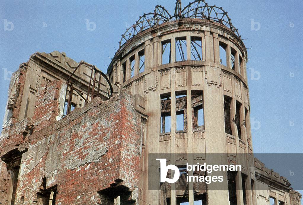 Hiroshima Peace Memorial, commonly known as the Atomic Bomb Dome or A-Bomb Dome, The 6 August 1945 nuclear explosion was almost directly above the building, here c. 1970