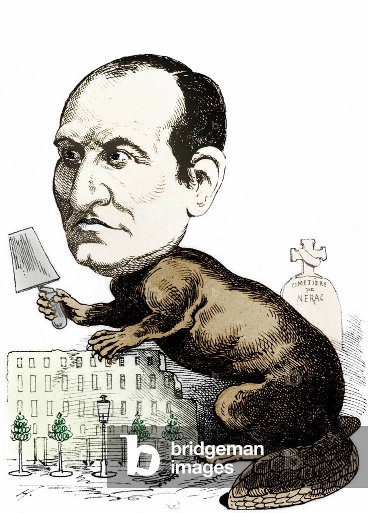 Baron George Eugene Haussmann (1809-1884) Prefect of the Seine in 1853-1870, he was charged by NapoleonIII to conduct renovation works in the center of Paris, here cartoon with a plaster colourized document