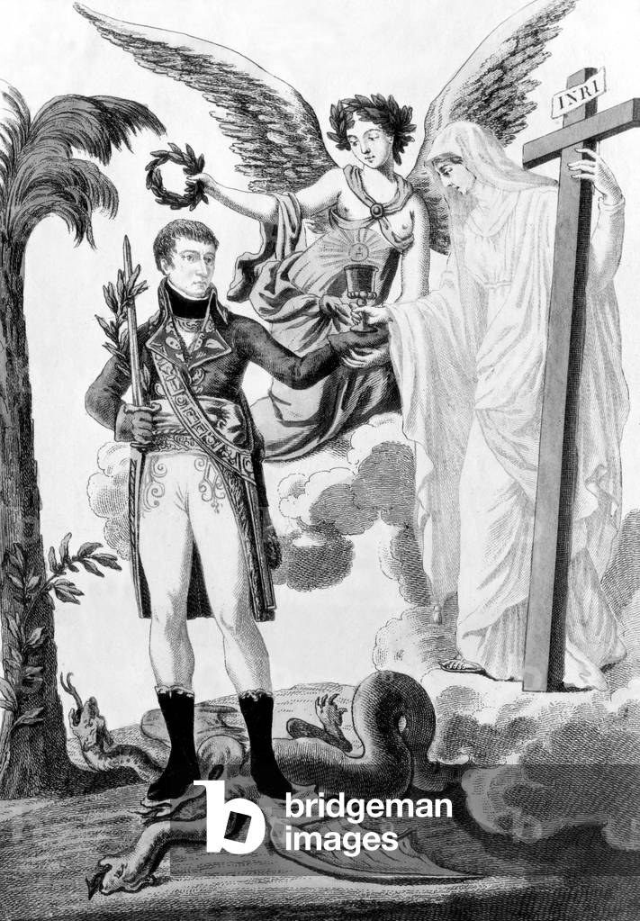 restoration of the catholic cult in France by Napoleon Bonaparte 1st Consul, at the time of the Concordate signed with pope PiusVII on july 15, 1801, during his Consulate. The government adopted it on april 8, 1802 it thus put an end to religious wars and conflicts which divided the French all along the-Revolution, engraving