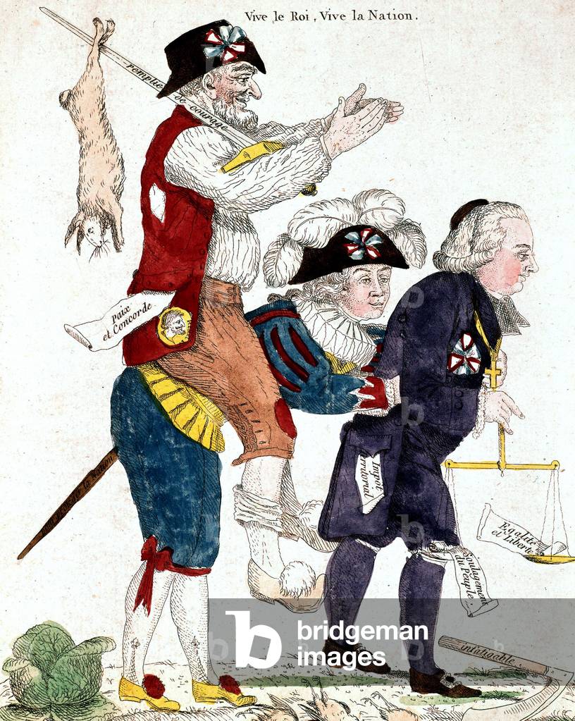 Abolition of privileges august 4, 1789 (French Revolution) : the Third Estate is on the back of nobility pulled by clergy, engraving
