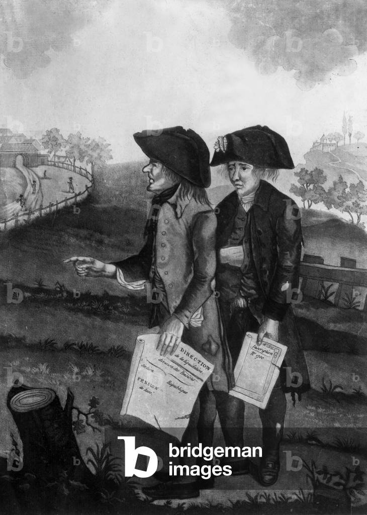 Ancient person of independent means and ancient man with pension on the way to Bicetre (prison near Paris) in 1797, engraving