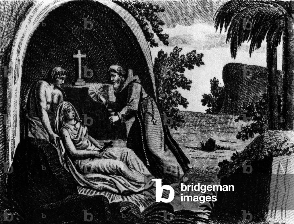 Illustration for novel Atala by Francois Rene Chateaubriand (1801) : Atala taking Communion from father Aubry in presence of Chactas, engraving
