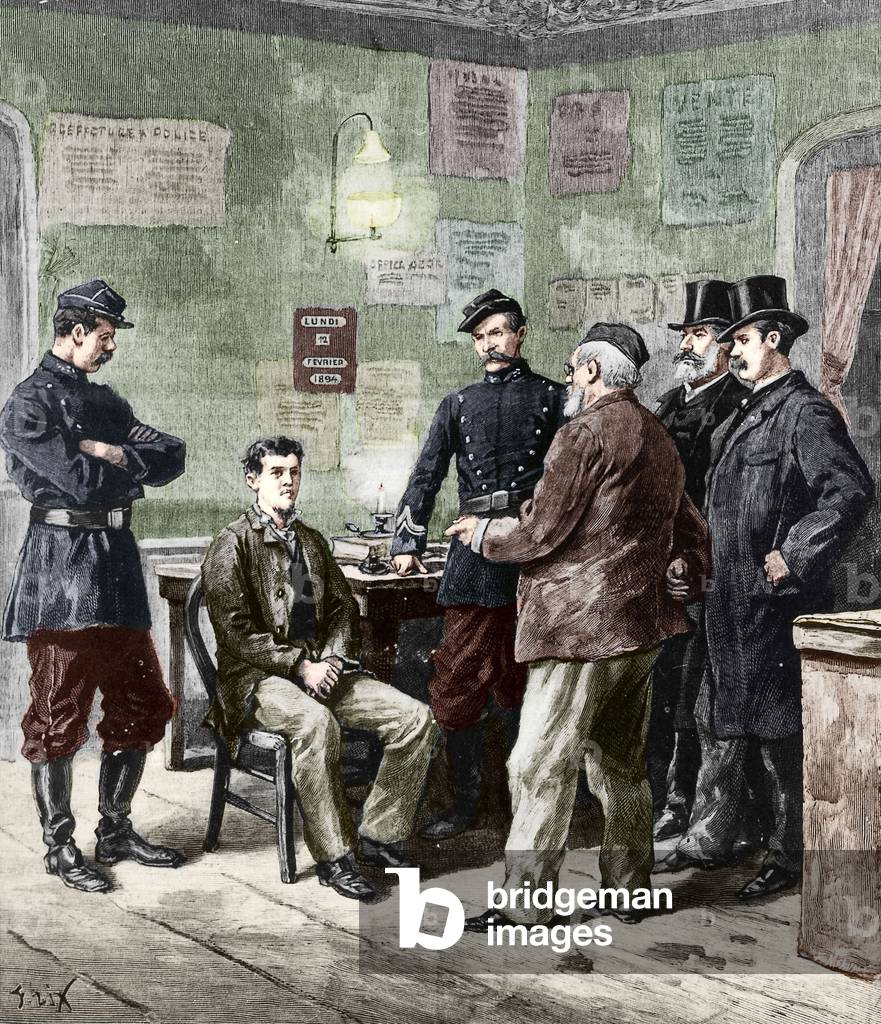 February 12, 1894, 1st cross-examination of French anarchist Emile Henry (1872-1894) engraving colourized document