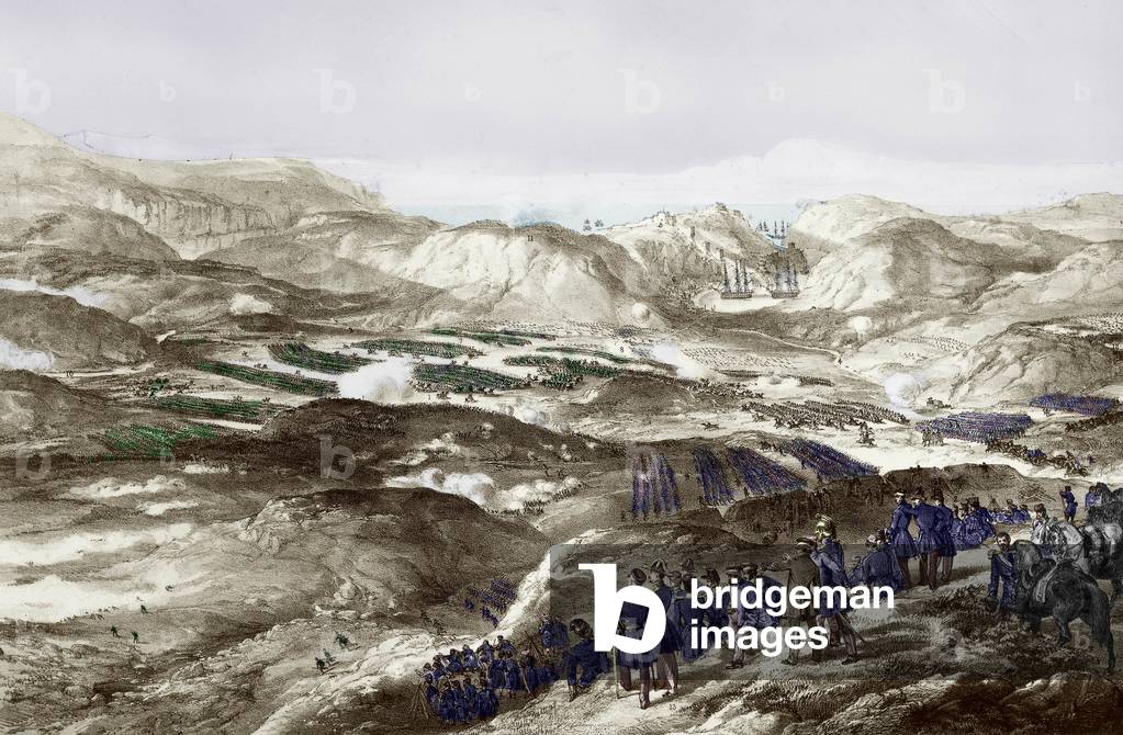 Crimean war (1854-1856) : Balaklava battle on october 25, 1854 : anglish victory over Russians, english engraving colourized document