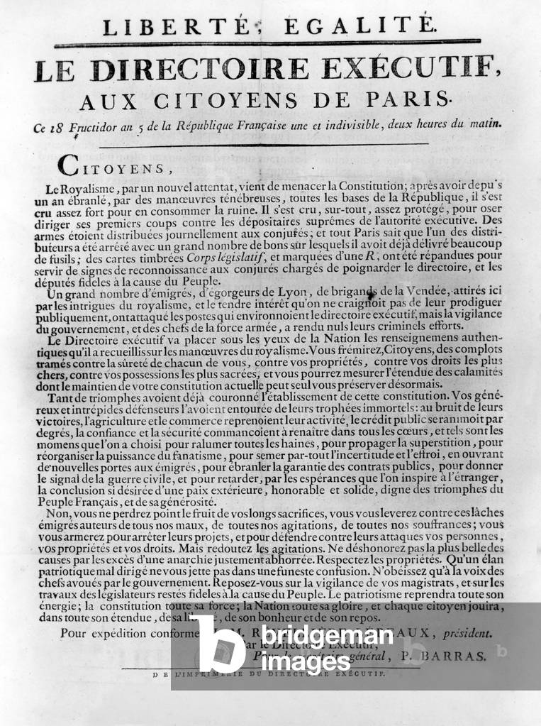 The Coup of 18 fructidor an V (september 4, 1797) in France : declaration of the Directoire